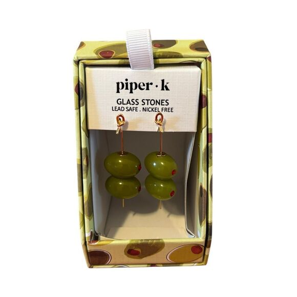 Piper.K Double Drop Green Glass Martini Olive Earrings. - Picture 1 of 6